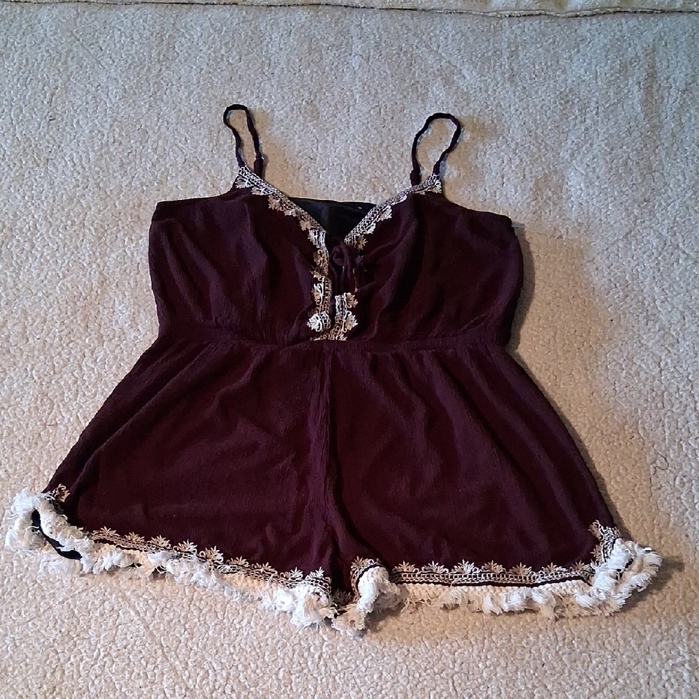 Women's Burgundy Lace-Trim Romper